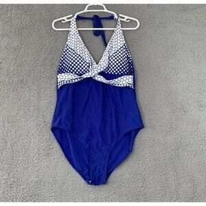 Women's Blue Polka Dot Halter One Piece Swimsuit Retro Color Block XL